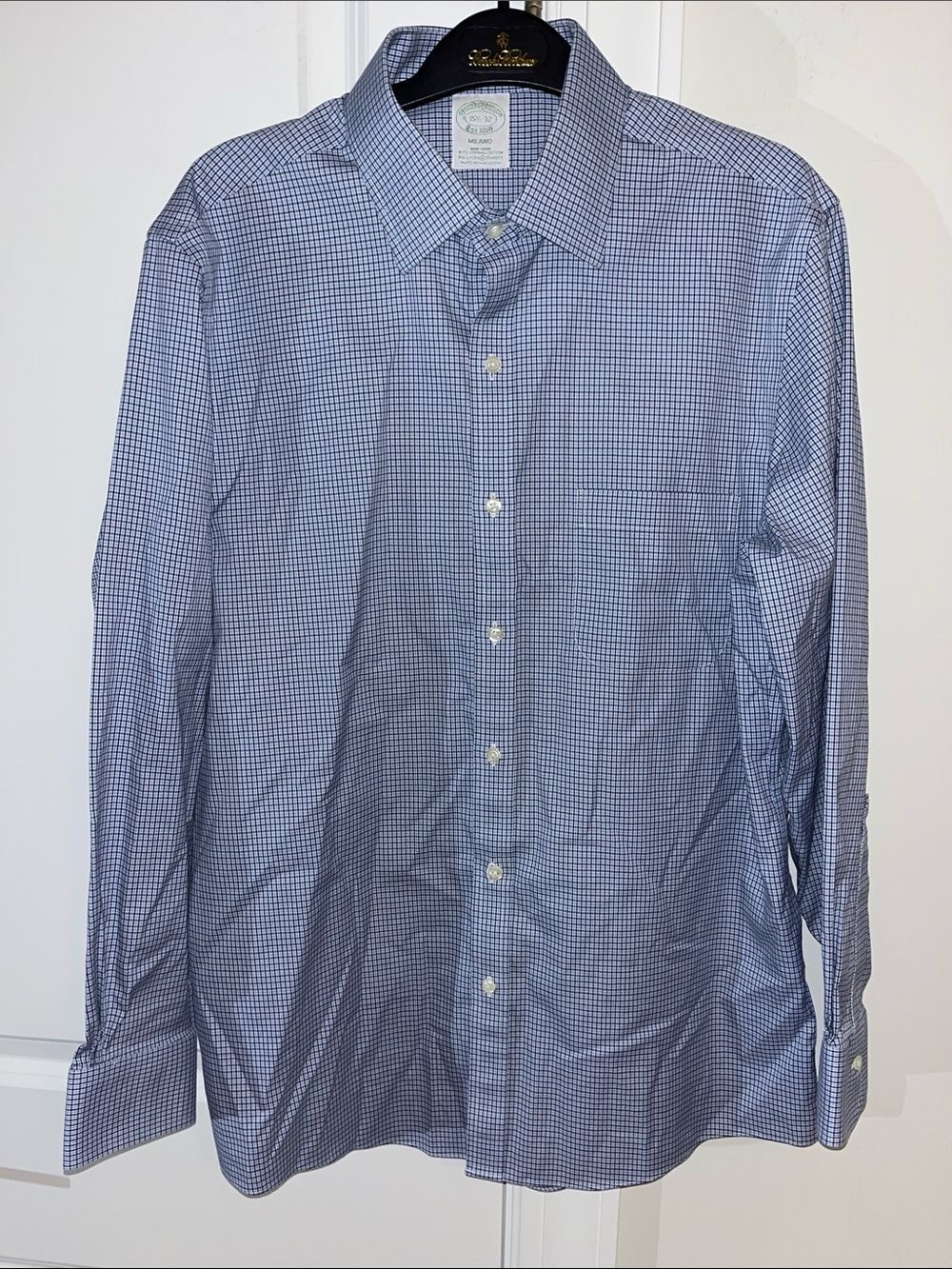 NWOT Brooks Brothers Milano Supima Cotton Lycra Blend Blue Check Dress Shirt M